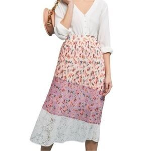 Laia Anthropologie Floral Tiered Asymmetrical Lined Midi Skirt Size Medium